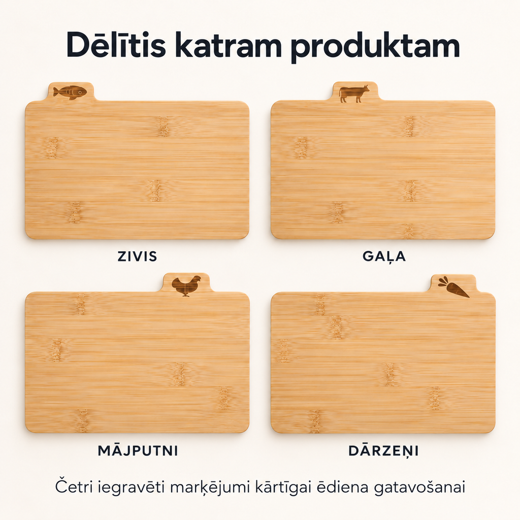Četri bambusa dēlīši ar iegravētām zīmēm: zivis, gaļa, mājputni, dārzeņi