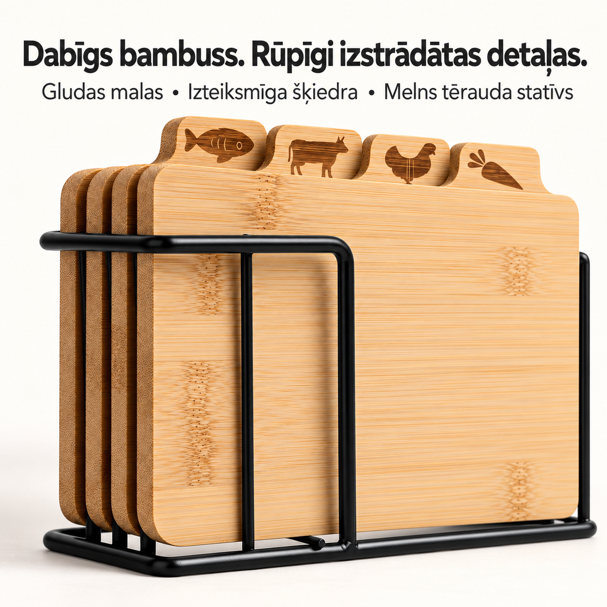Bambusa dēlīšu un melnā tērauda statīva tuvplāns